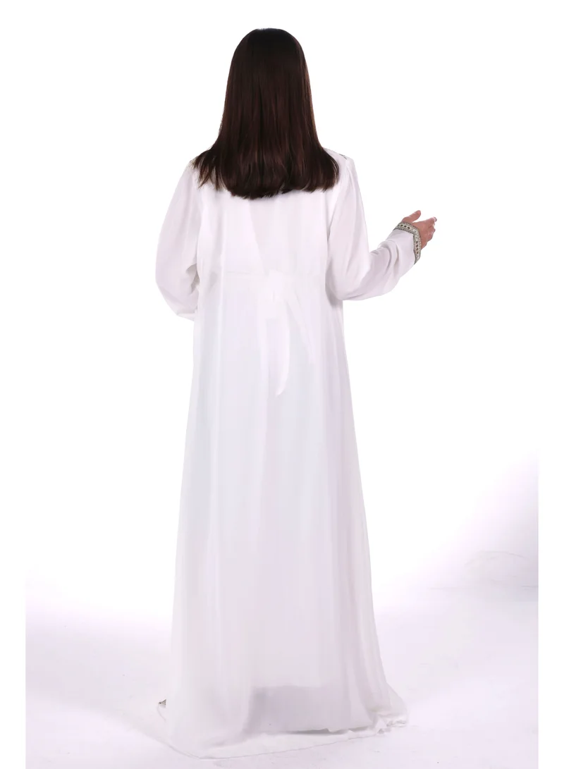 AL BENT AL SHARQIEH White emboidered belted chiffon kaftan dress for Women | Best Price UAE